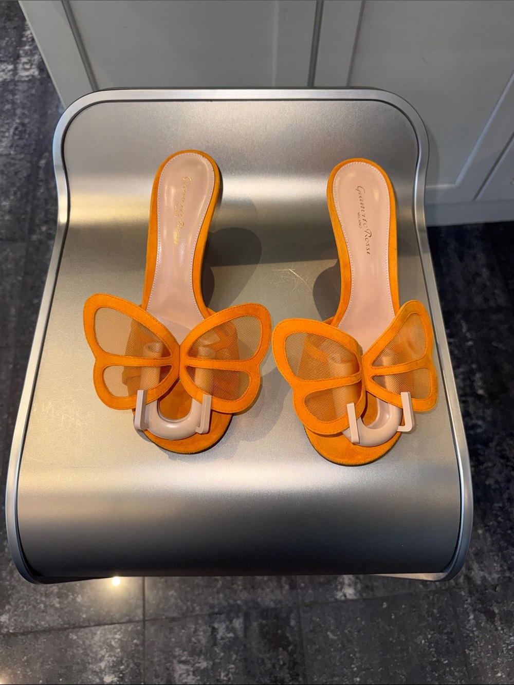 NIB Gianvito Rossi Orange suede and mesh Butterfly Slide  70mm Mules - Picture 4 of 11